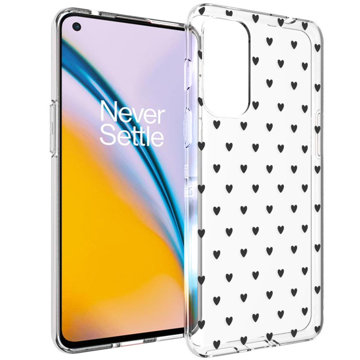 Une coque de téléphone transparente avec des cœurs noirs dessus, sur le téléphone. Le téléphone affiche une image.
