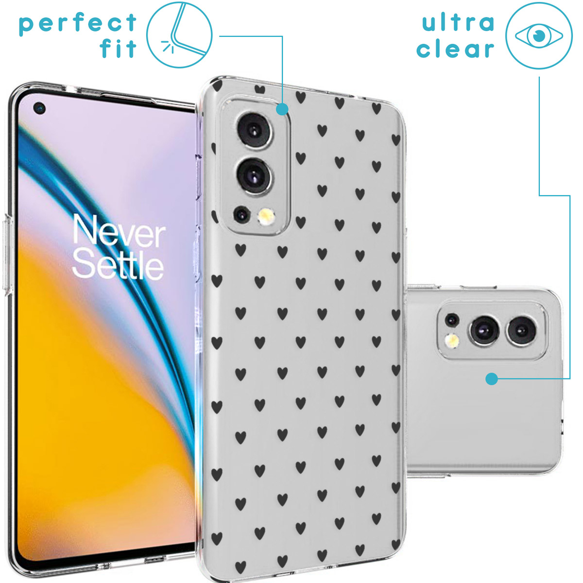 Coque de téléphone avec motif de cœurs. Téléphone à gauche.
