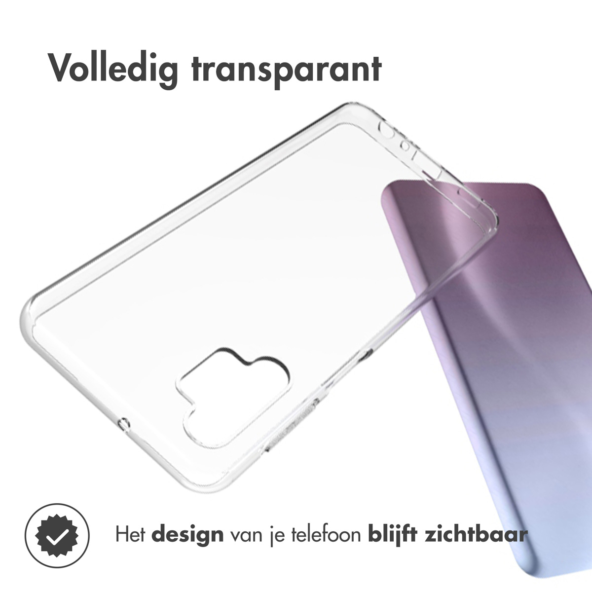 Custodia trasparente per telefono e telefono. Testo: Il design del tuo telefono rimane visibile.