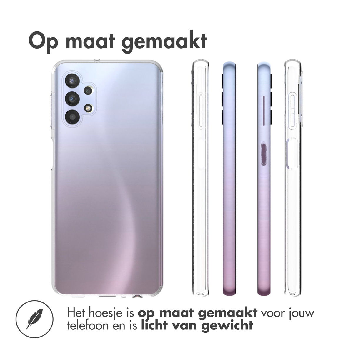 Telefoonhoes en telefoon met drie hoesjes. Tekst zegt 'Op maat gemaakt' en 'Het hoesje is op maat gemaakt'.