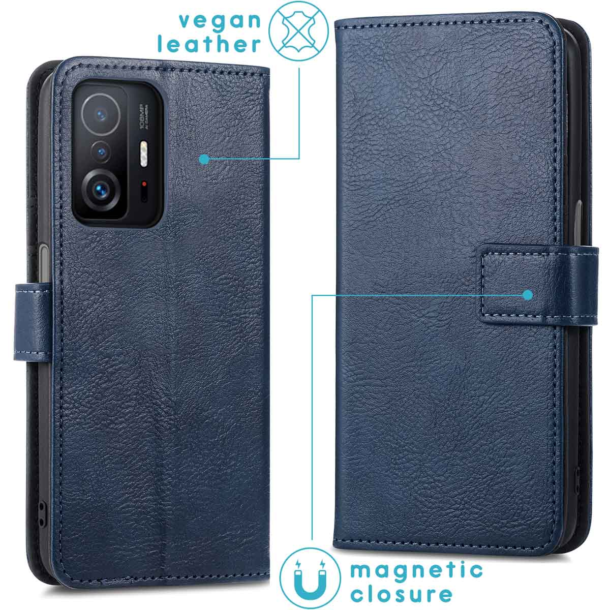 Étui bleu marine en cuir vegan avec fermeture magnétique et découpe caméra.