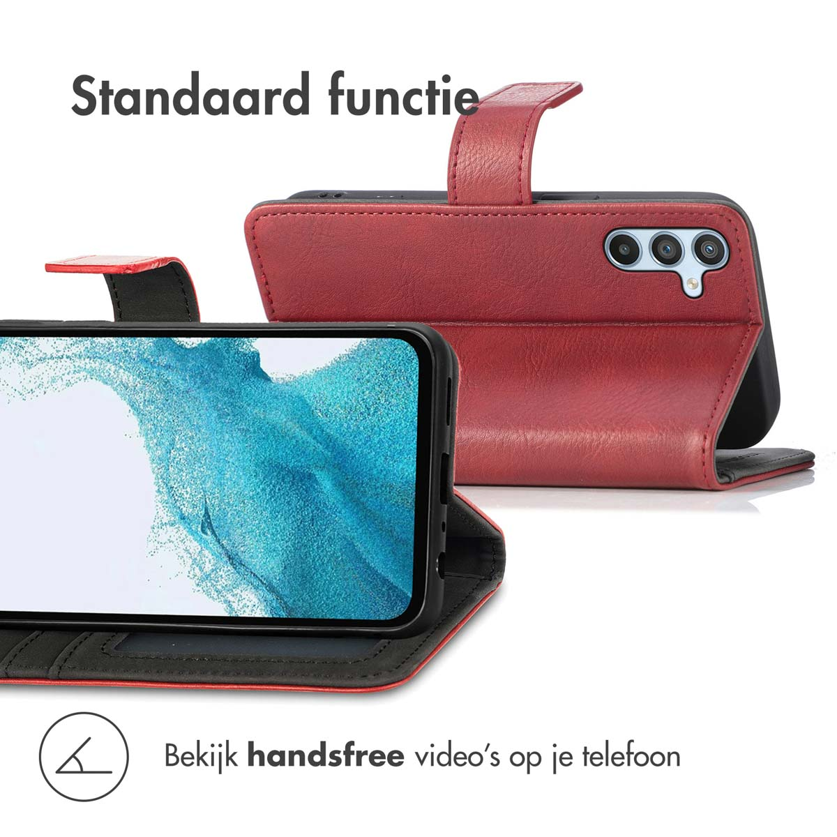 Een rode telefoonhoes met een telefoon erin. Het scherm van de telefoon is zichtbaar. Tekst: 'Standaard functie' en 'Bekijk handsfree video's op je telefoon'.