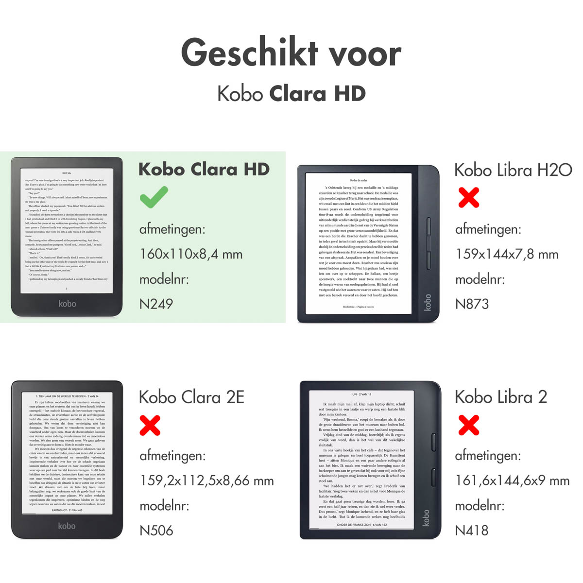 Vergelijking van Kobo Clara HD, Libra H2O, Clara 2E en Libra 2. Afmetingen en modelnummers worden getoond.