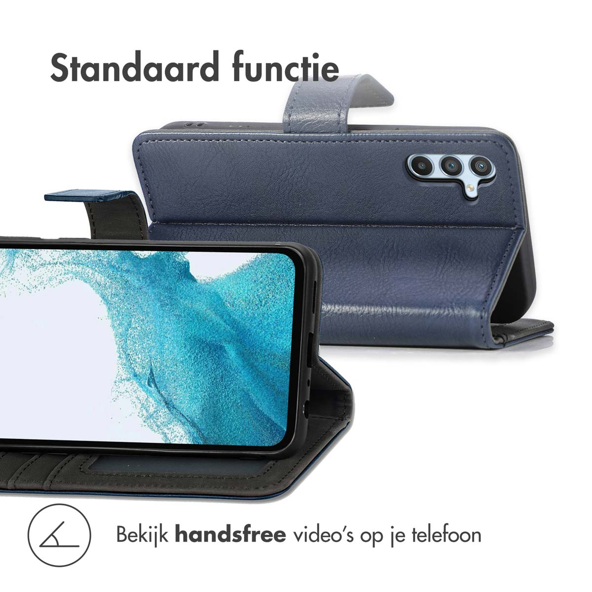 Blauw telefoonhoesje in landschapsmodus met standaardfunctie en camera's.