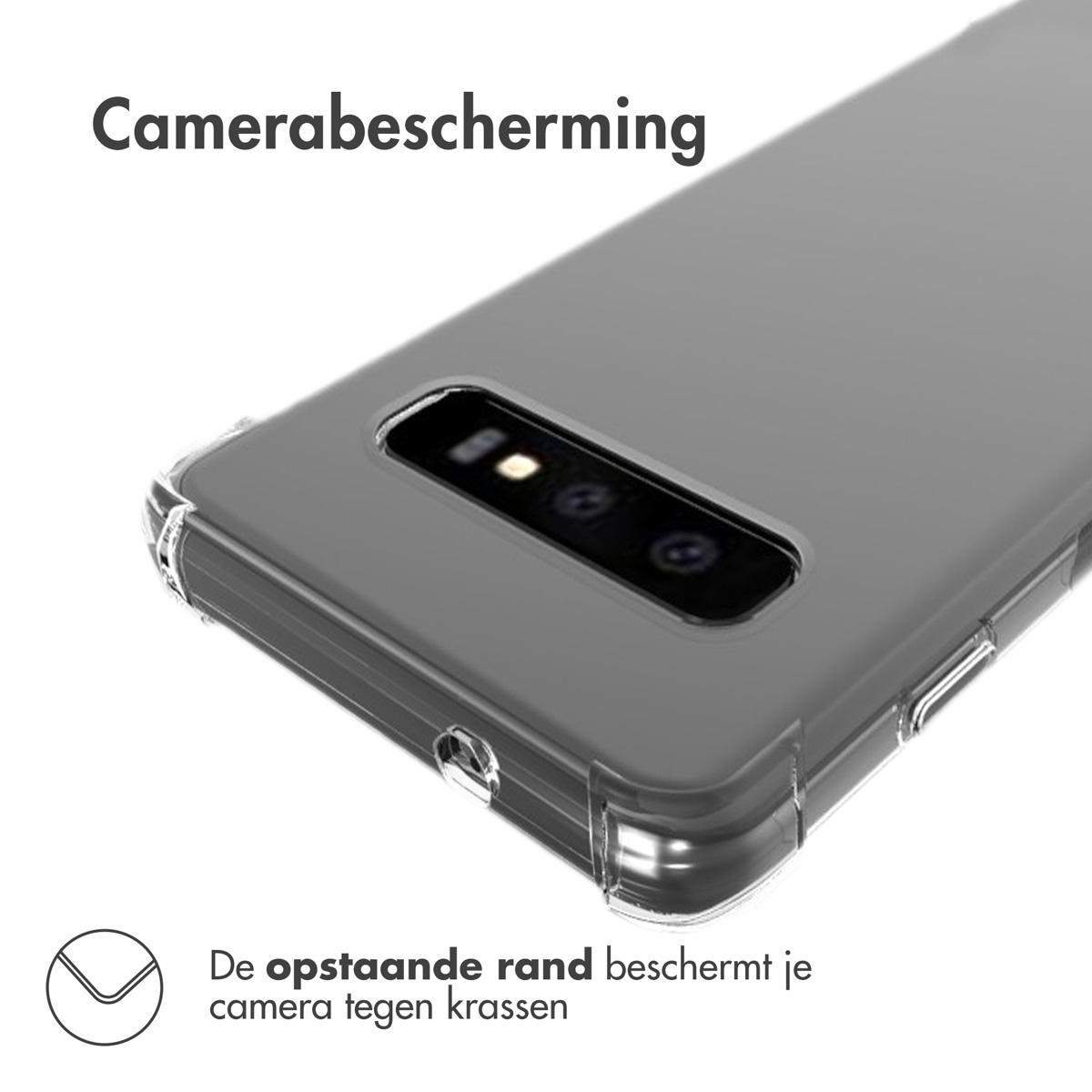 Telefoonhoes beschermt camera met verhoogde rand.