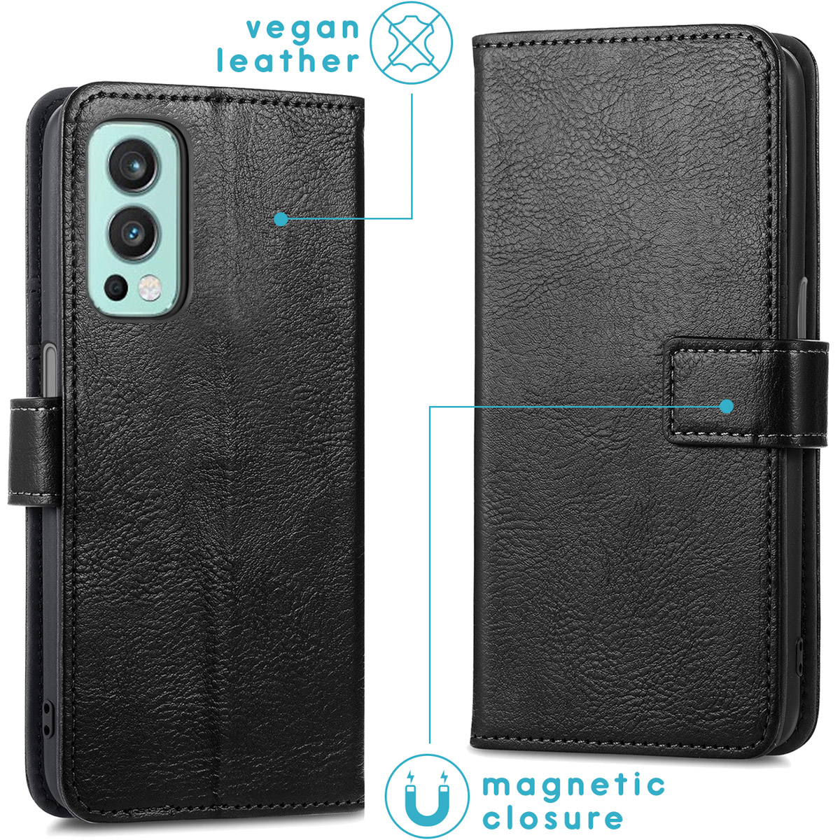 Étui portefeuille noir en cuir vegan avec fermeture magnétique pour smartphone.