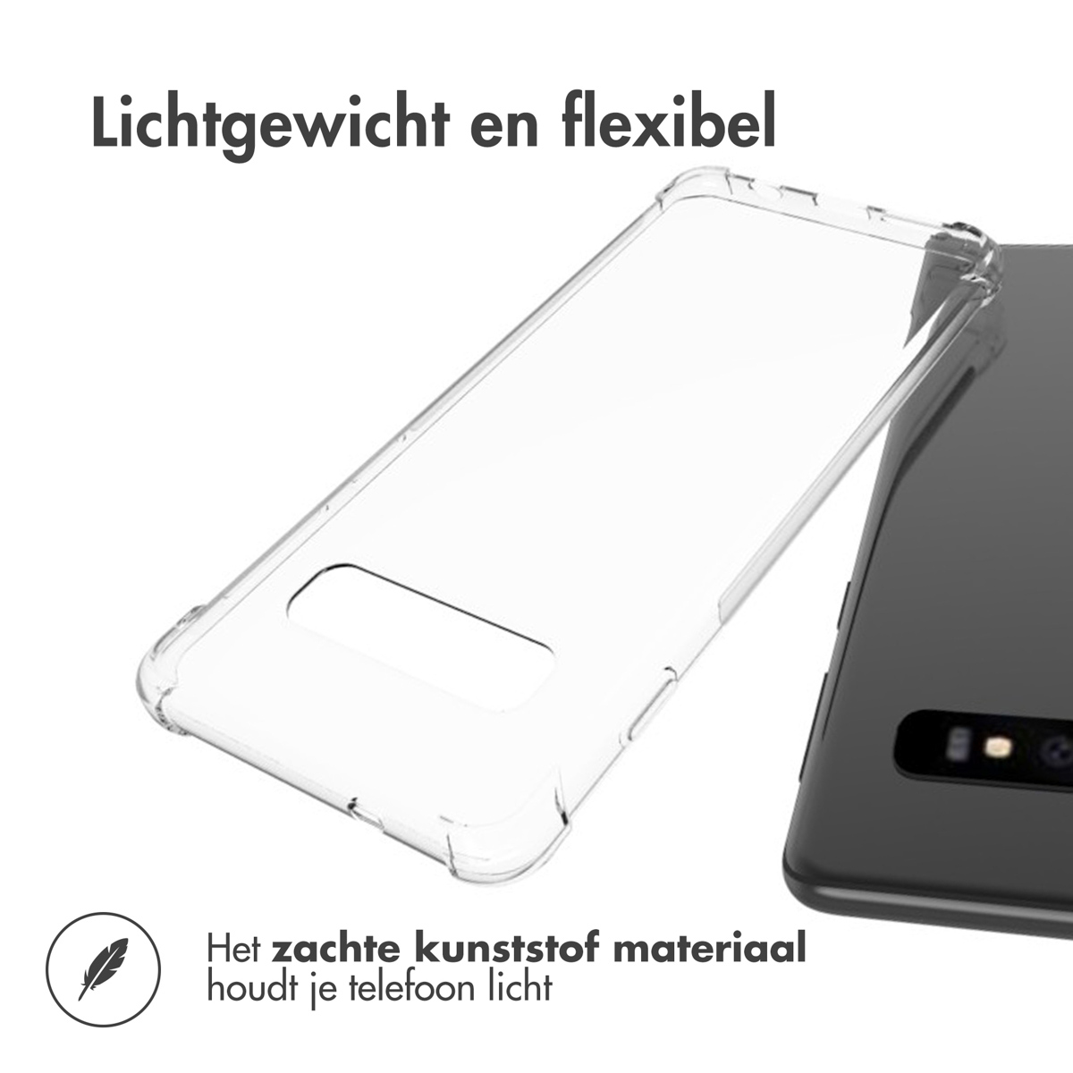 Transparante telefoonhoes naast telefoon. Tekst zegt: 'Lichtgewicht en flexibel' en 'Het zachte kunststof materiaal'.