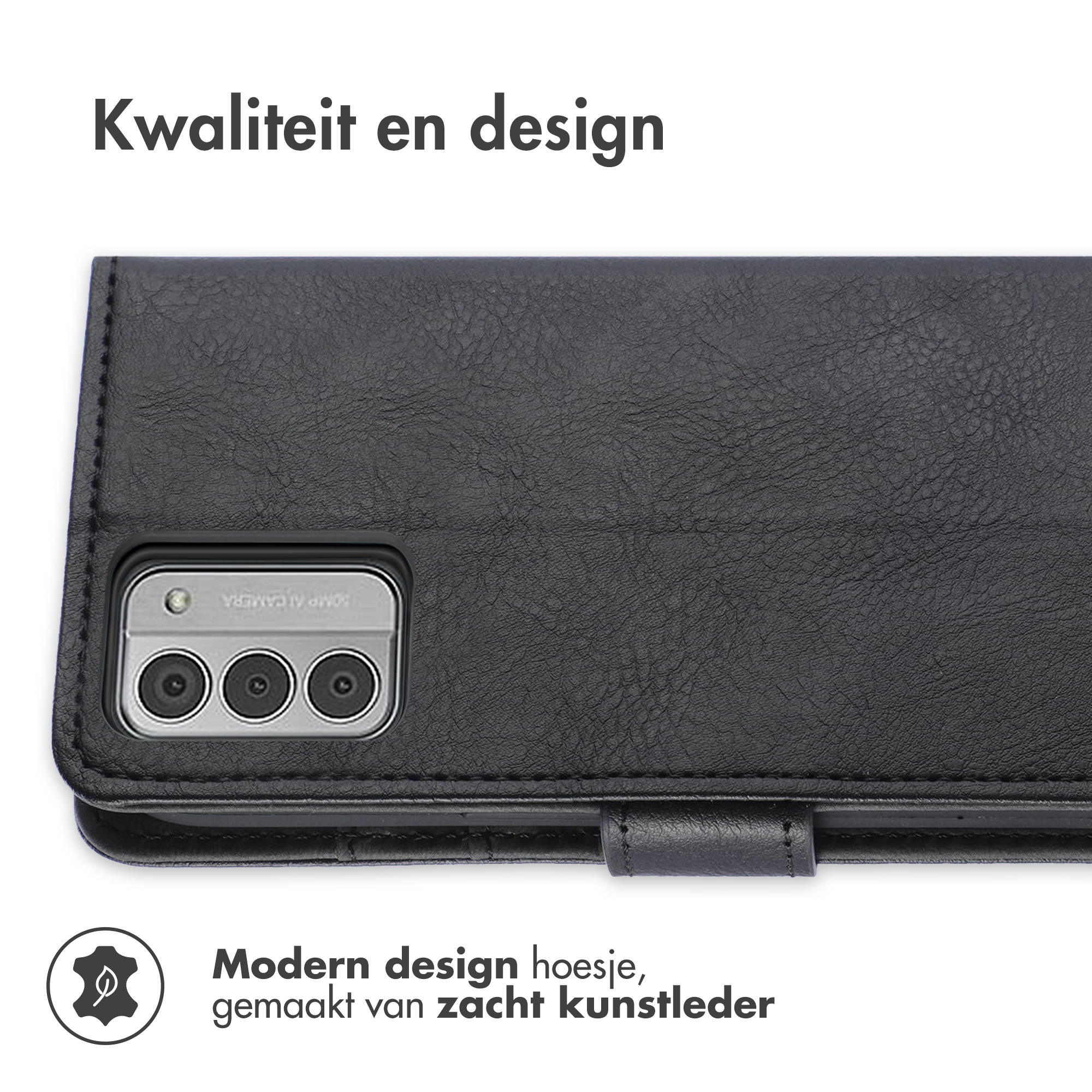 Zwarte kunstleren telefoonhoes met camera-uitsparing en tekst.