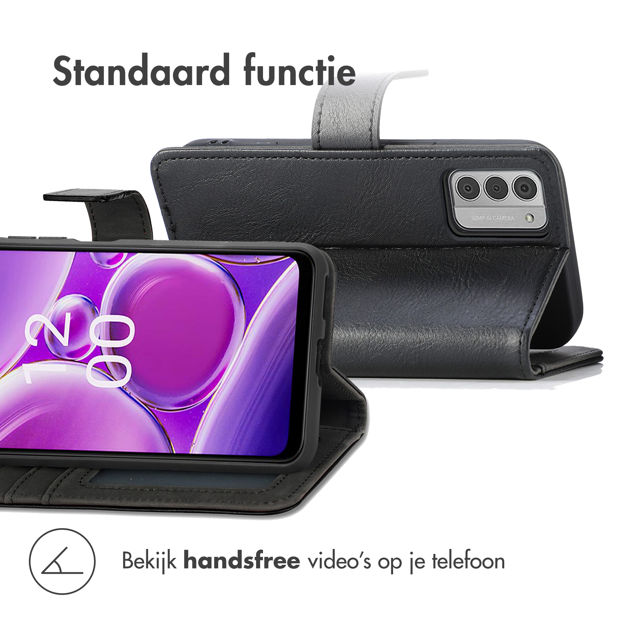 Zwarte telefoonhoes met standaardfunctie, toont smartphone met paars achtergrond.