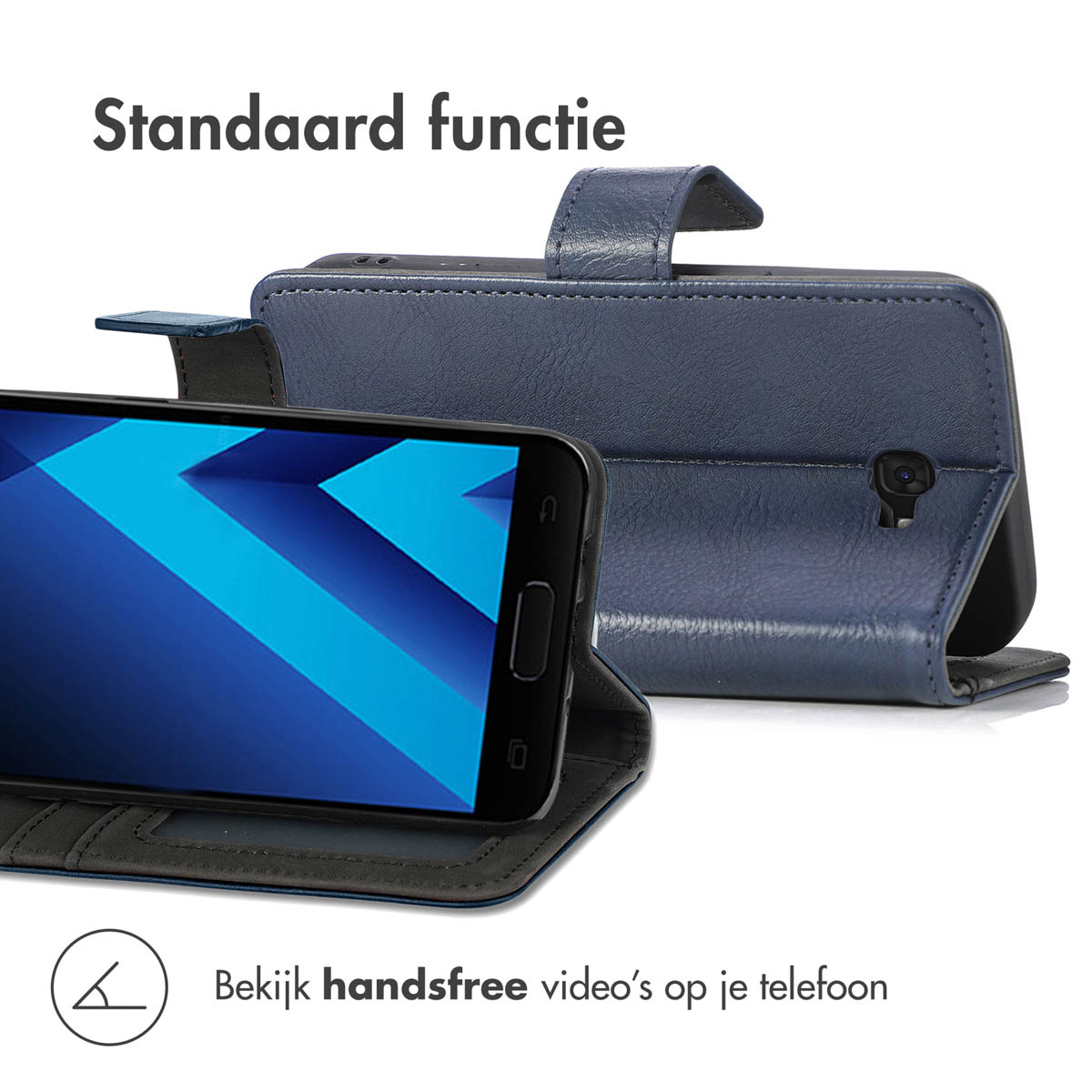 Donkerblauw telefoonhoesje open, toont telefoon en standaardfunctie.