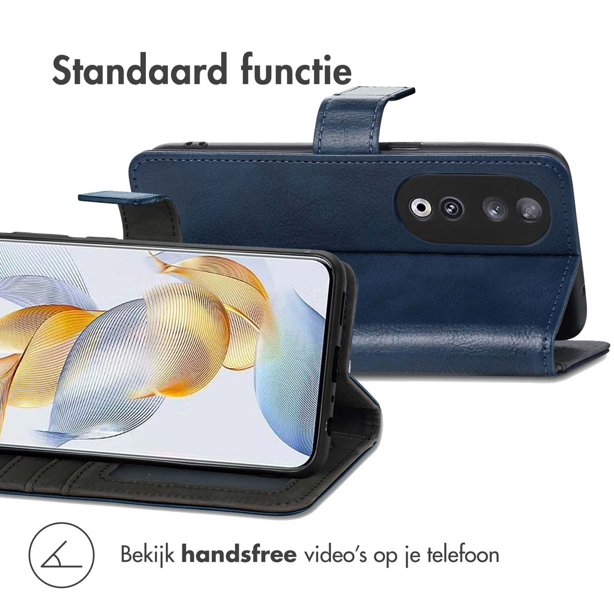 Custodia blu scuro aperta, mostra schermo e modulo fotocamera. Funzione stand.