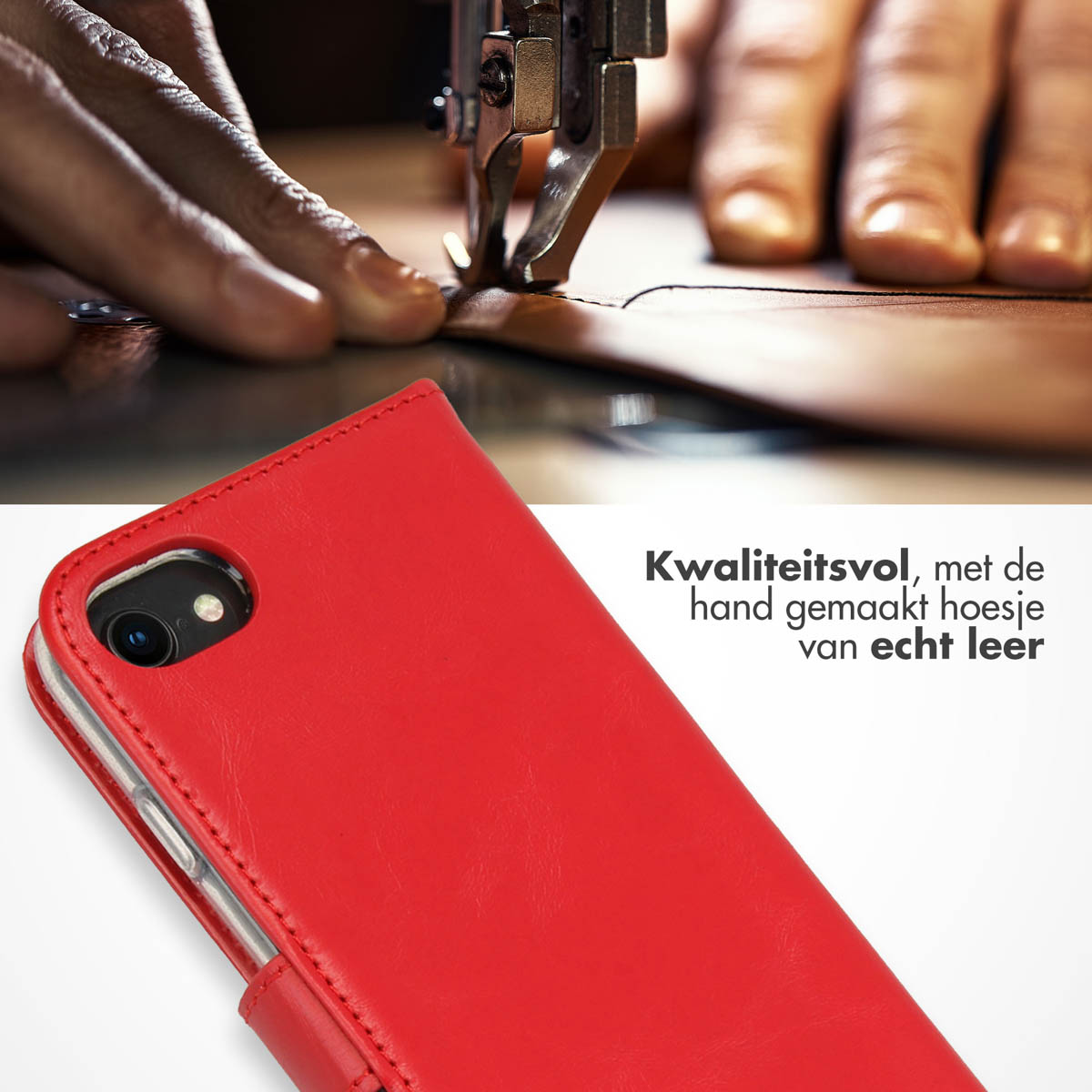 Rode leren telefoonhoes wordt genaaid. Een hand naait de hoes met een naaimachine.
