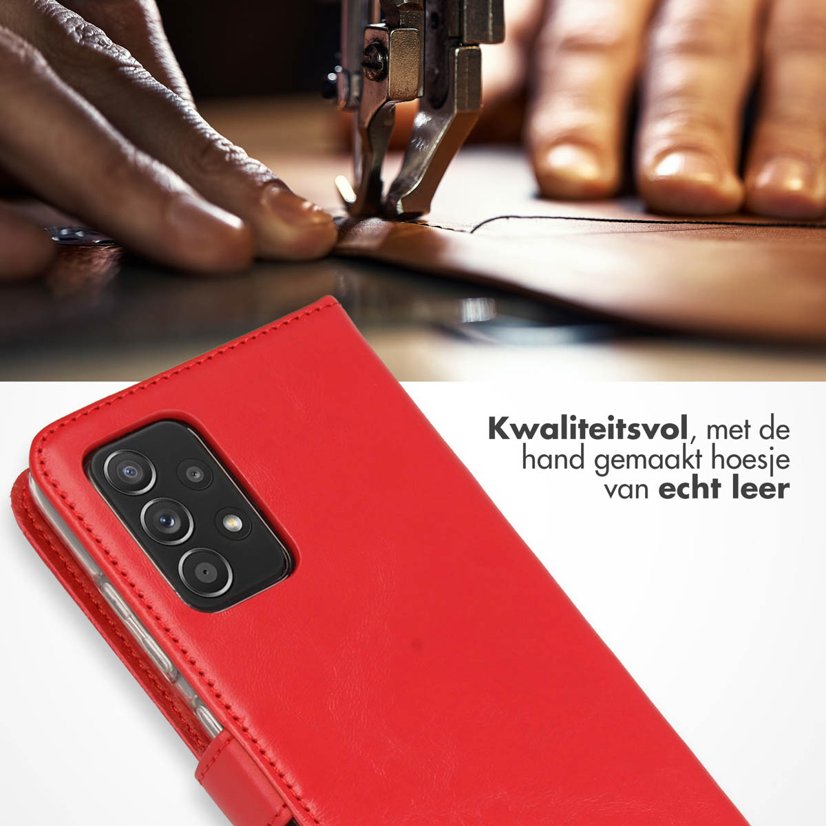 Rote Leder-Handyhülle mit Telefon im Inneren und eine Nähmaschine im Hintergrund.