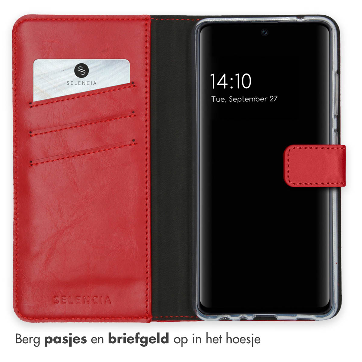 Custodia a portafoglio in pelle rossa con slot per carte e smartphone.
