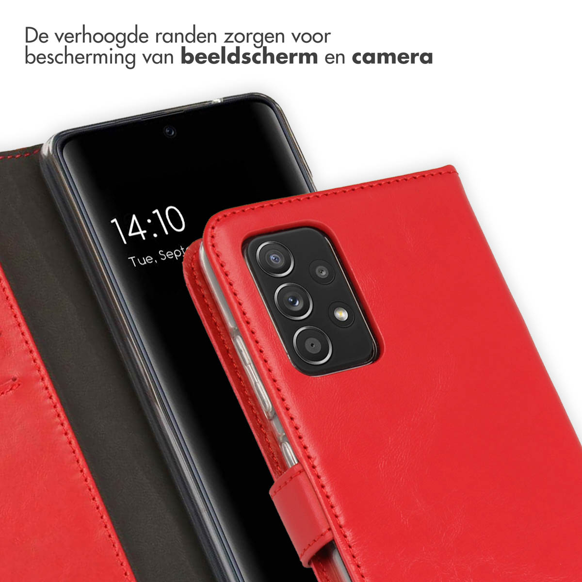 Custodia a libro rossa in pelle per smartphone con modulo fotocamera e ora 14:10.