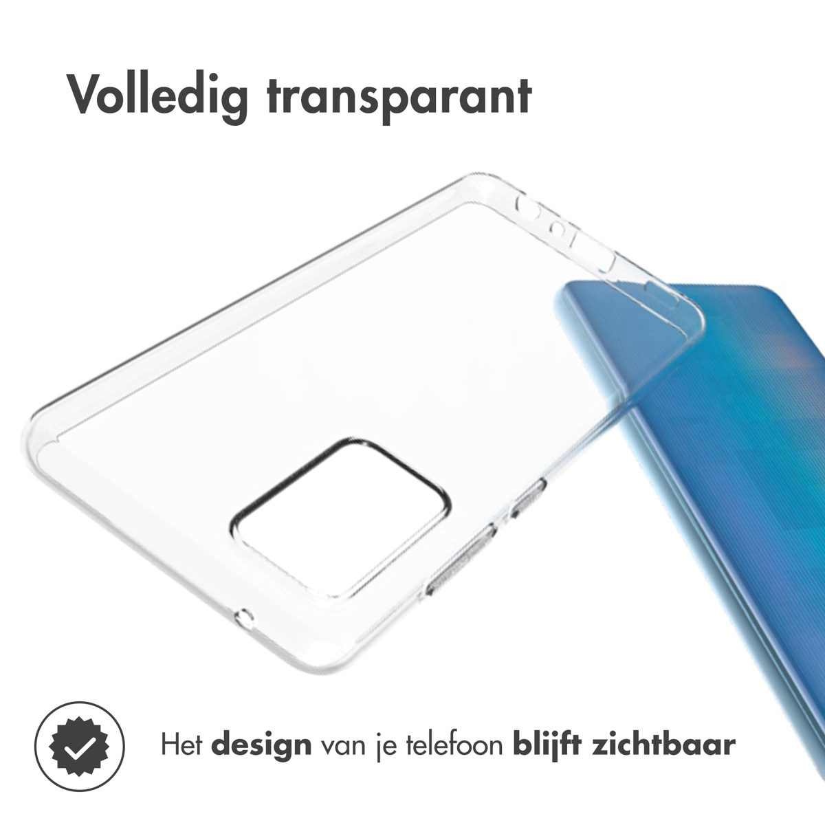 Custodia trasparente sul telefono. Testo: Il design del tuo telefono rimane visibile.
