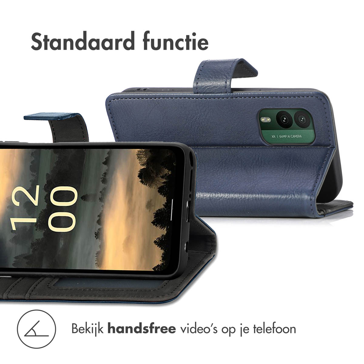 Blaue Handyhülle im Querformat mit aufgestelltem Telefon und Kamera auf der Rückseite.