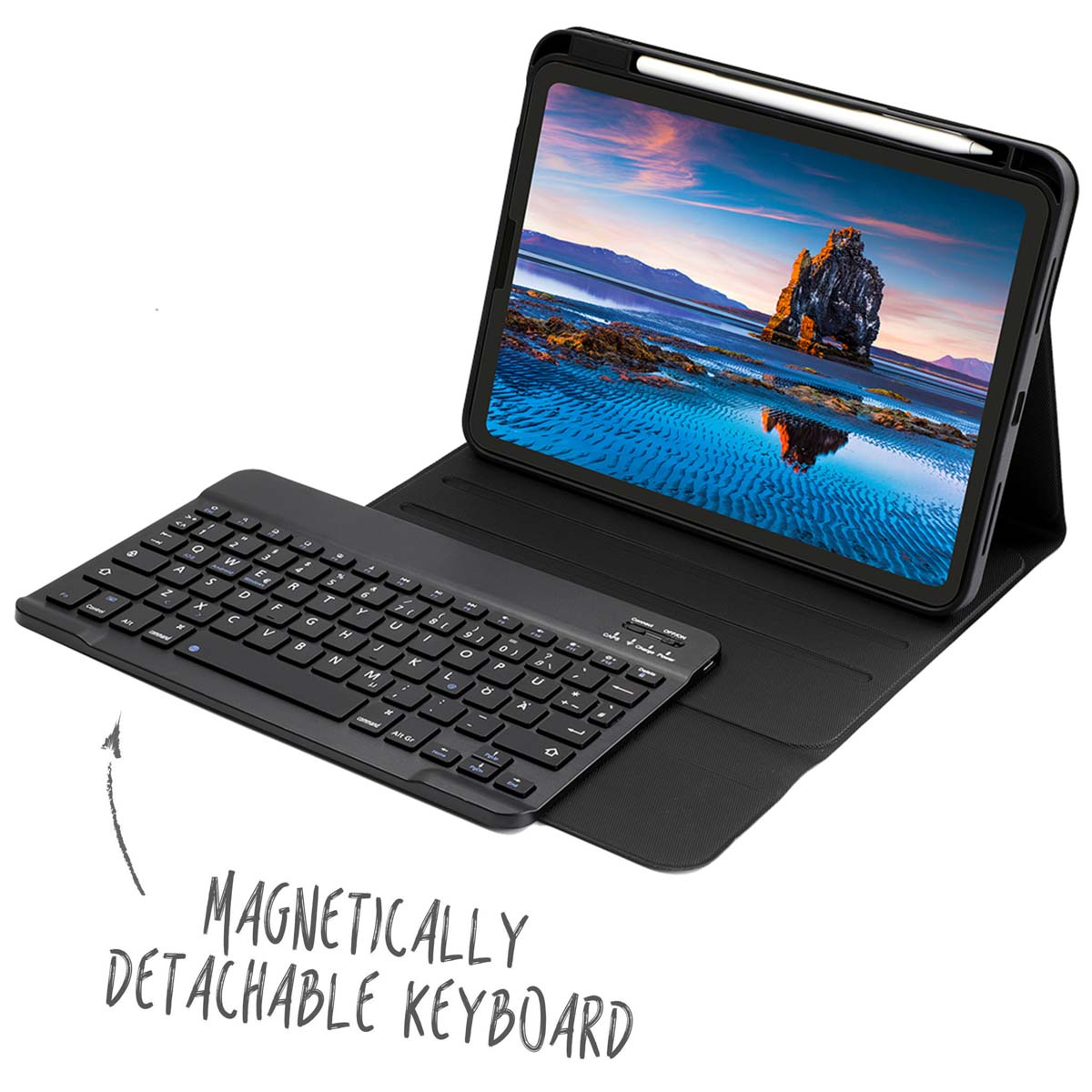 Tablet in a black case with keyboard.