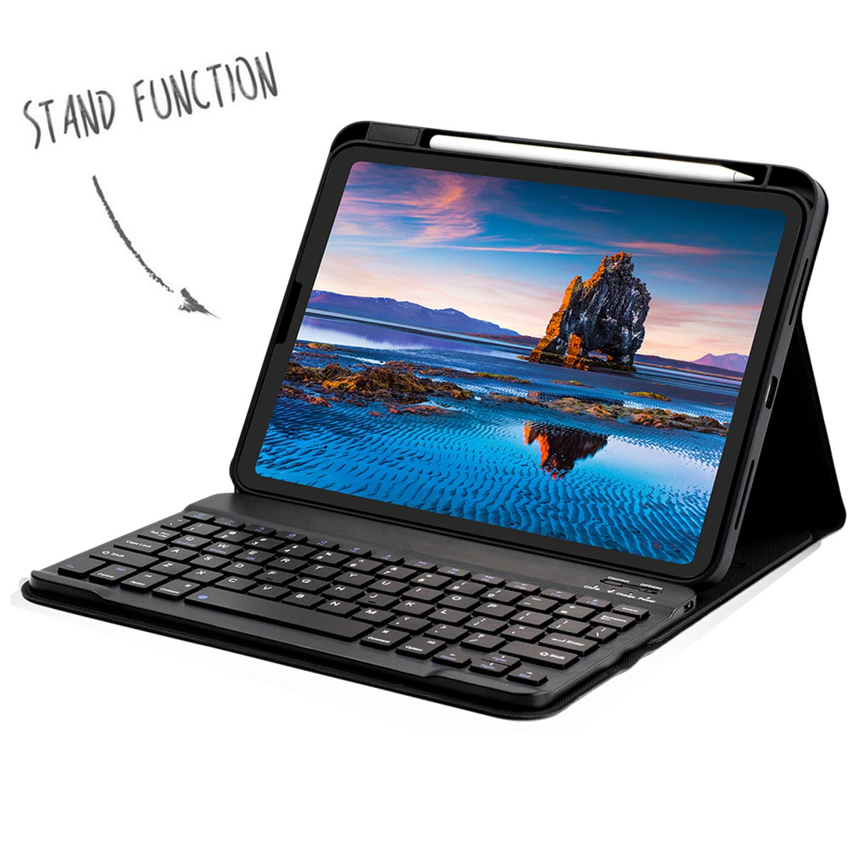 Black tablet in a case with a keyboard. The tablet is on a stand. A stylus is on top.