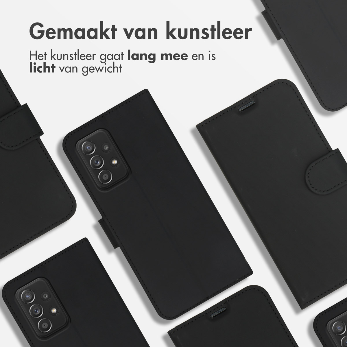 Zwarte telefoonhoesjes. Gemaakt van kunstleer, duurzaam en lichtgewicht. Er zijn meerdere hoesjes afgebeeld.
