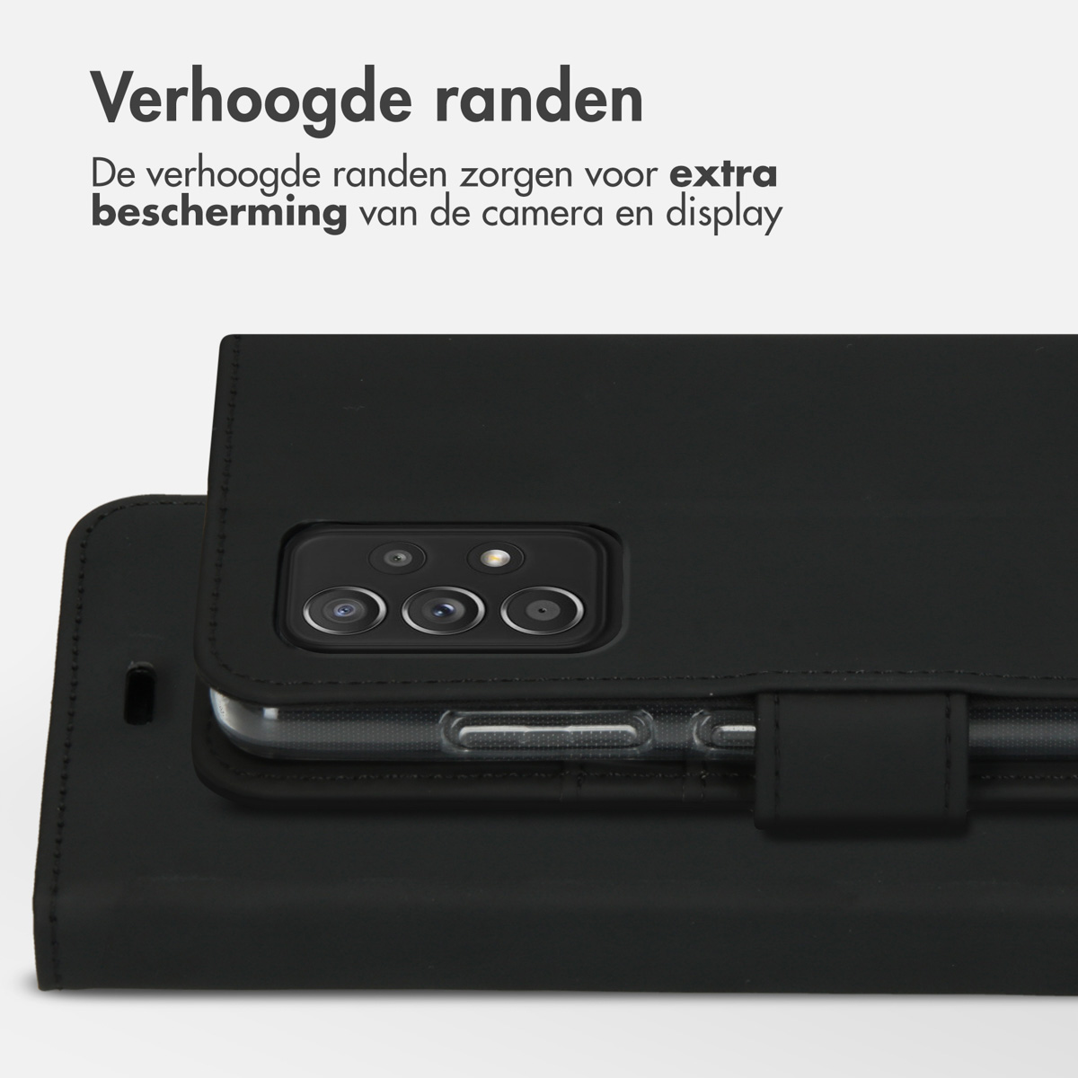 Zwarte telefoonhoes met verhoogde randen, die de camera en het scherm beschermt.
