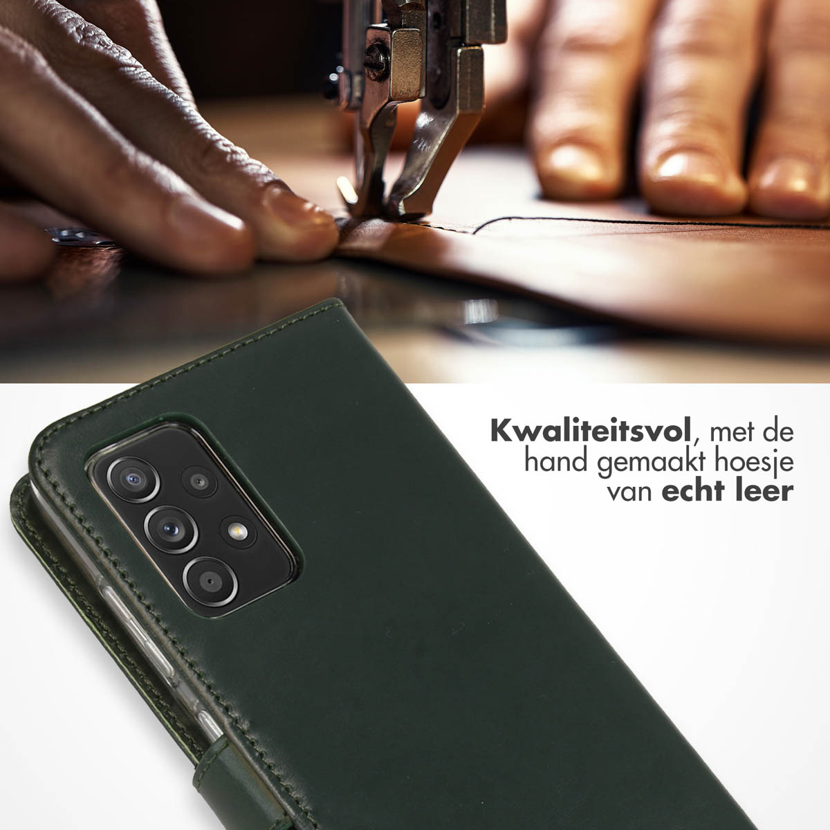 Nahaufnahme einer Person, die Leder mit einer Maschine näht. Eine grüne Handyhülle ist teilweise sichtbar.