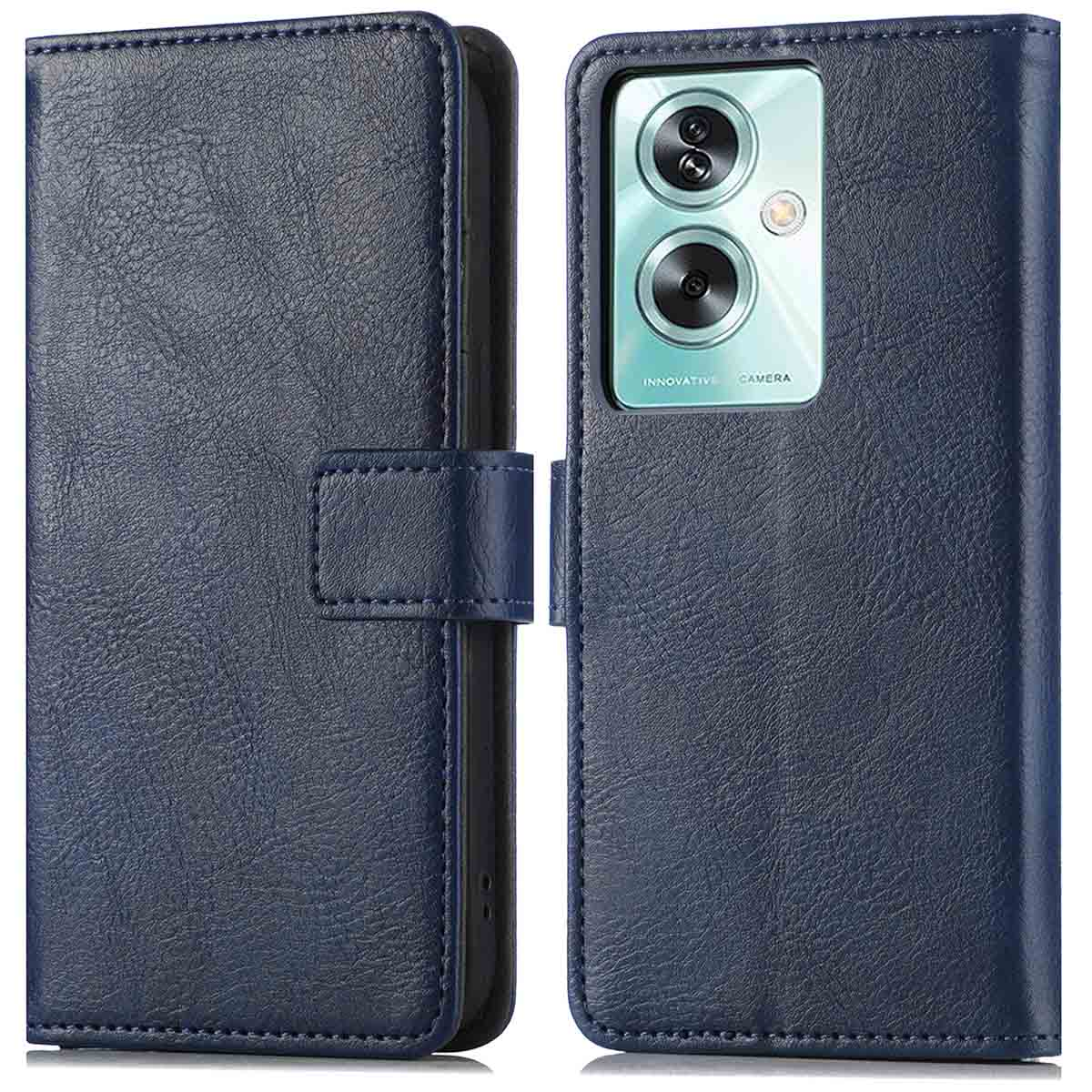 Coque bleue, ouverte et fermée. Le téléphone possède un appareil photo innovant.