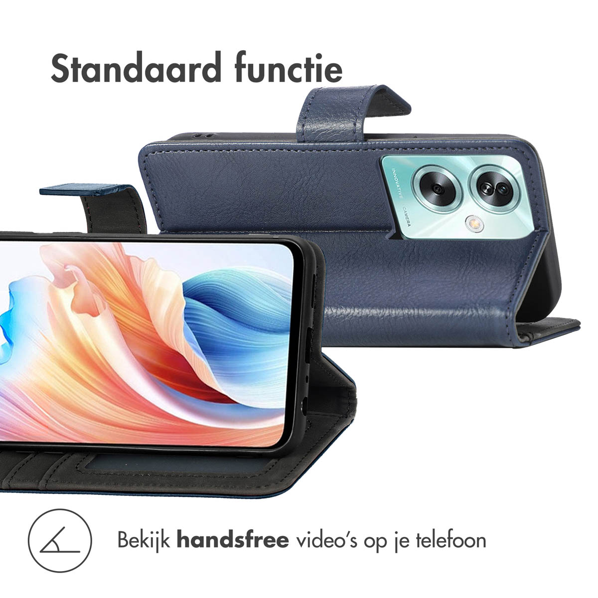 Un étui de téléphone bleu avec fonction de support et un smartphone à écran coloré.