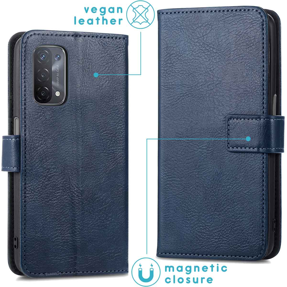 Marineblauwe telefoonhoes met magneetsluiting. De hoes is gemaakt van veganistisch leer.