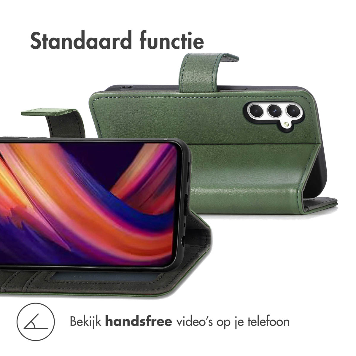 Étui de téléphone vert avec téléphone posé et texte.