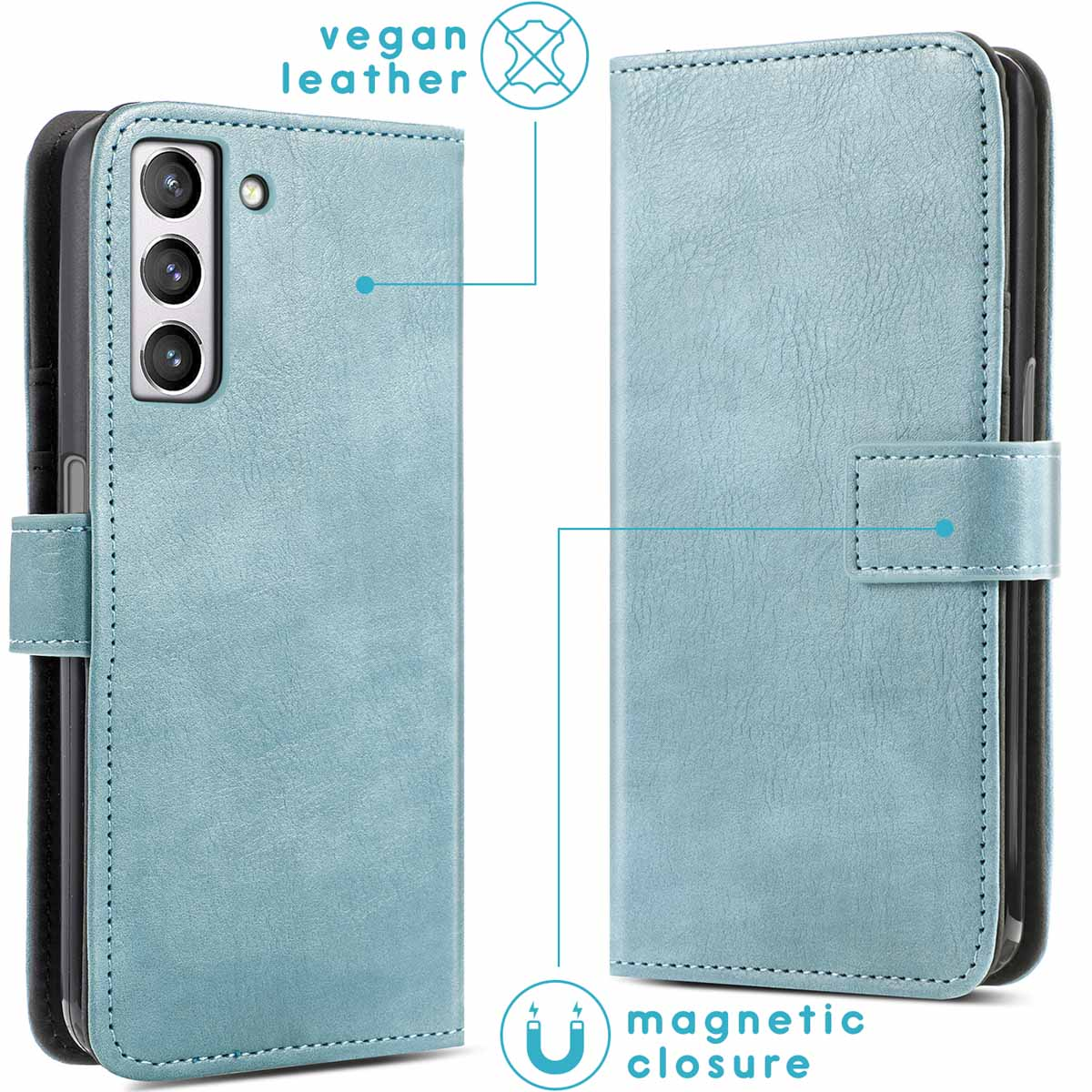 Lichtblauwe telefoonhoes van veganistisch leer met magneetsluiting en cameragat.