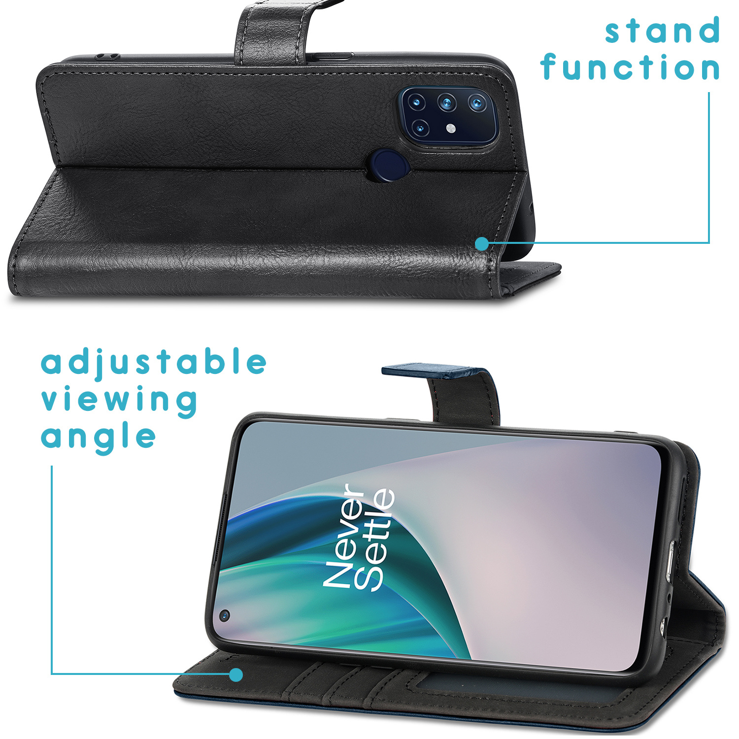 Custodia nera aperta, mostra telefono con 'Never Settle' e funzione stand.