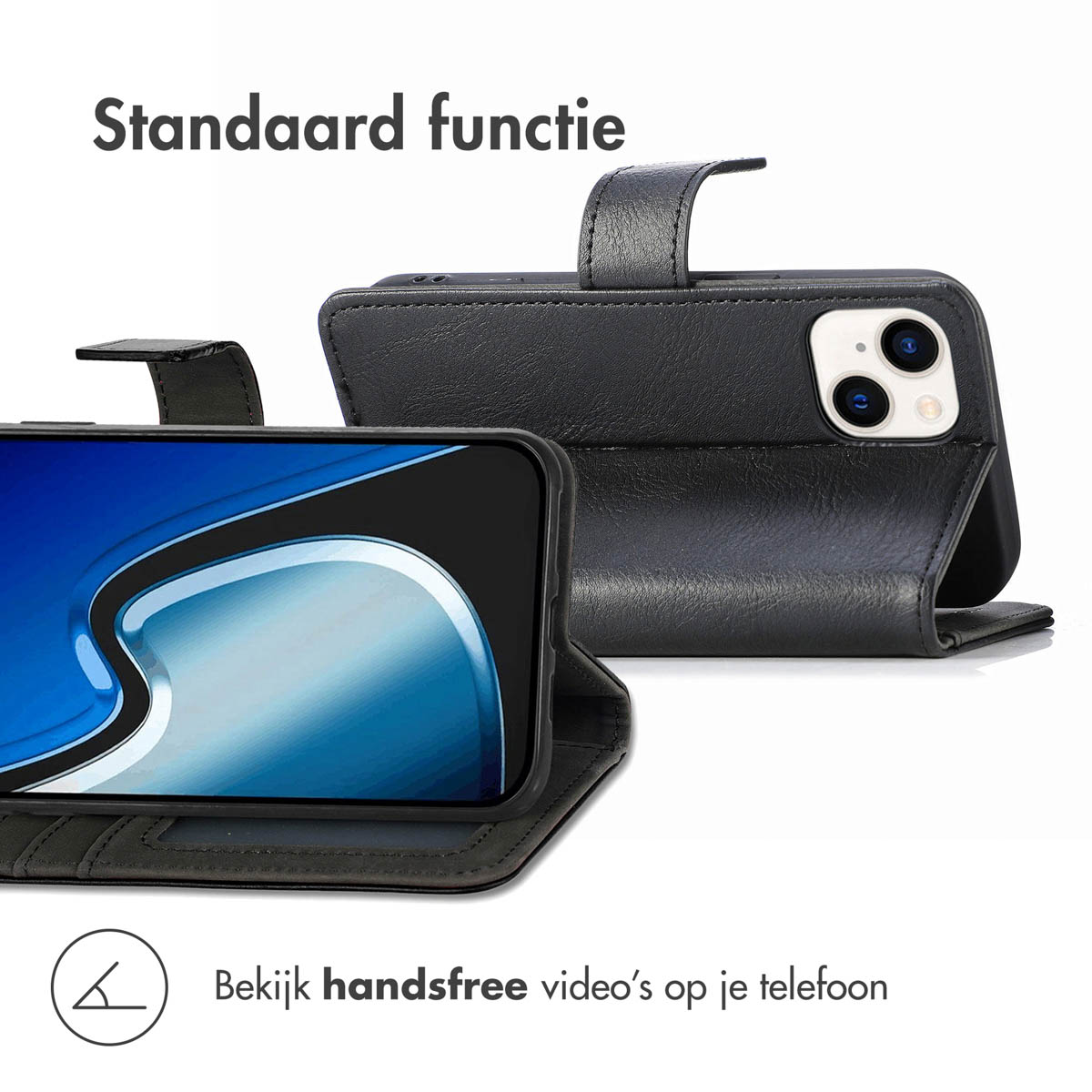 Ein schwarzes Leder-Flip-Case für ein Smartphone, das als Ständer dient.