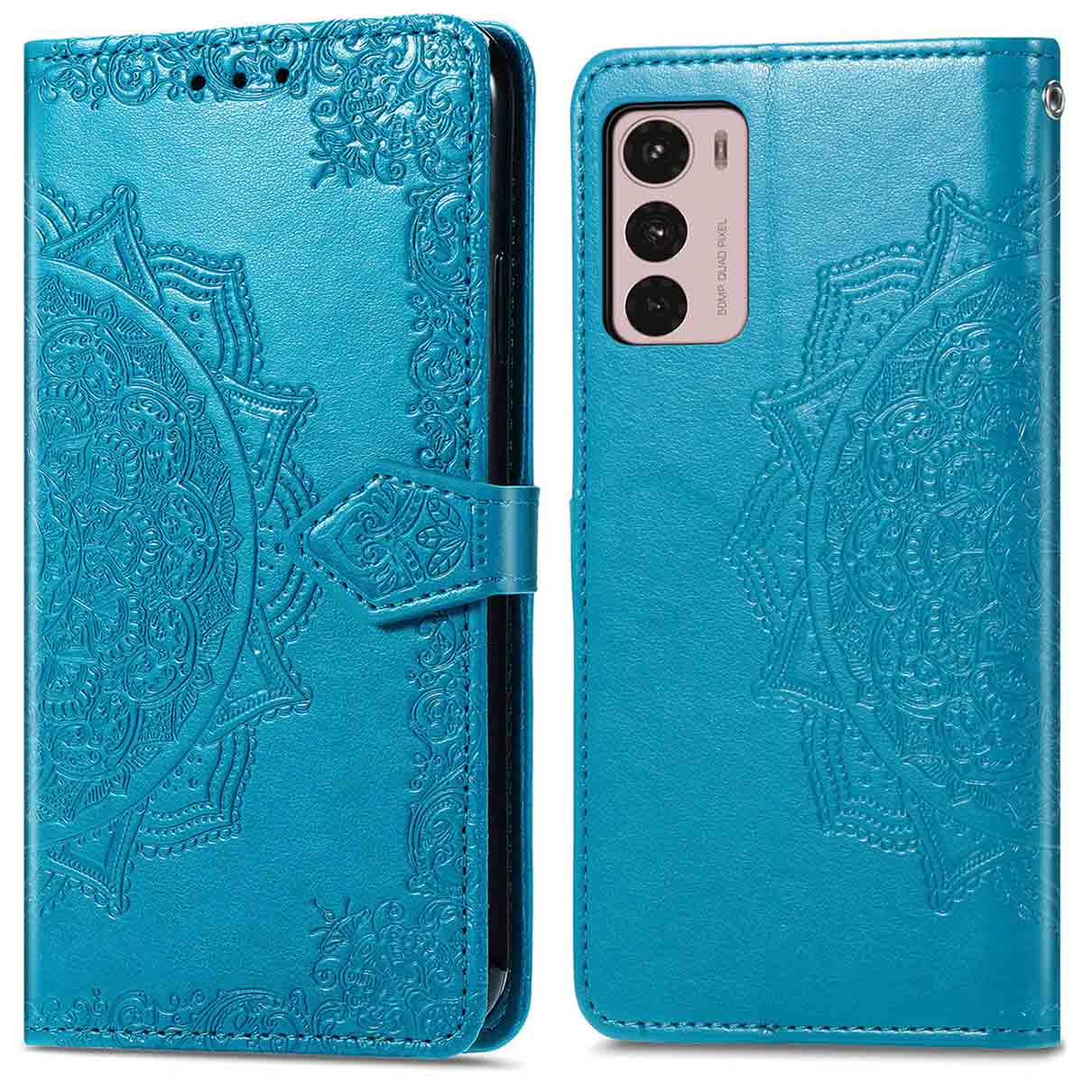 Een blauw telefoonhoesje met een mandala-ontwerp. Tekst: Mandala-ontwerp op de achterkant van de telefoonhoes.