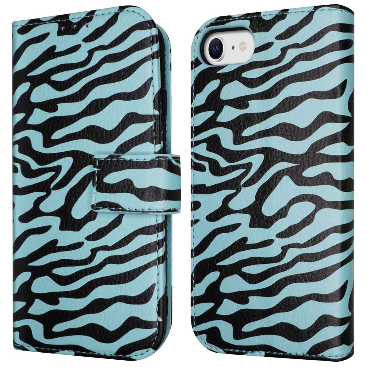 Een telefoonhoesje met een zebrapatroon. Tekst: Zebrapatroon op de achterkant van de telefoonhoes.