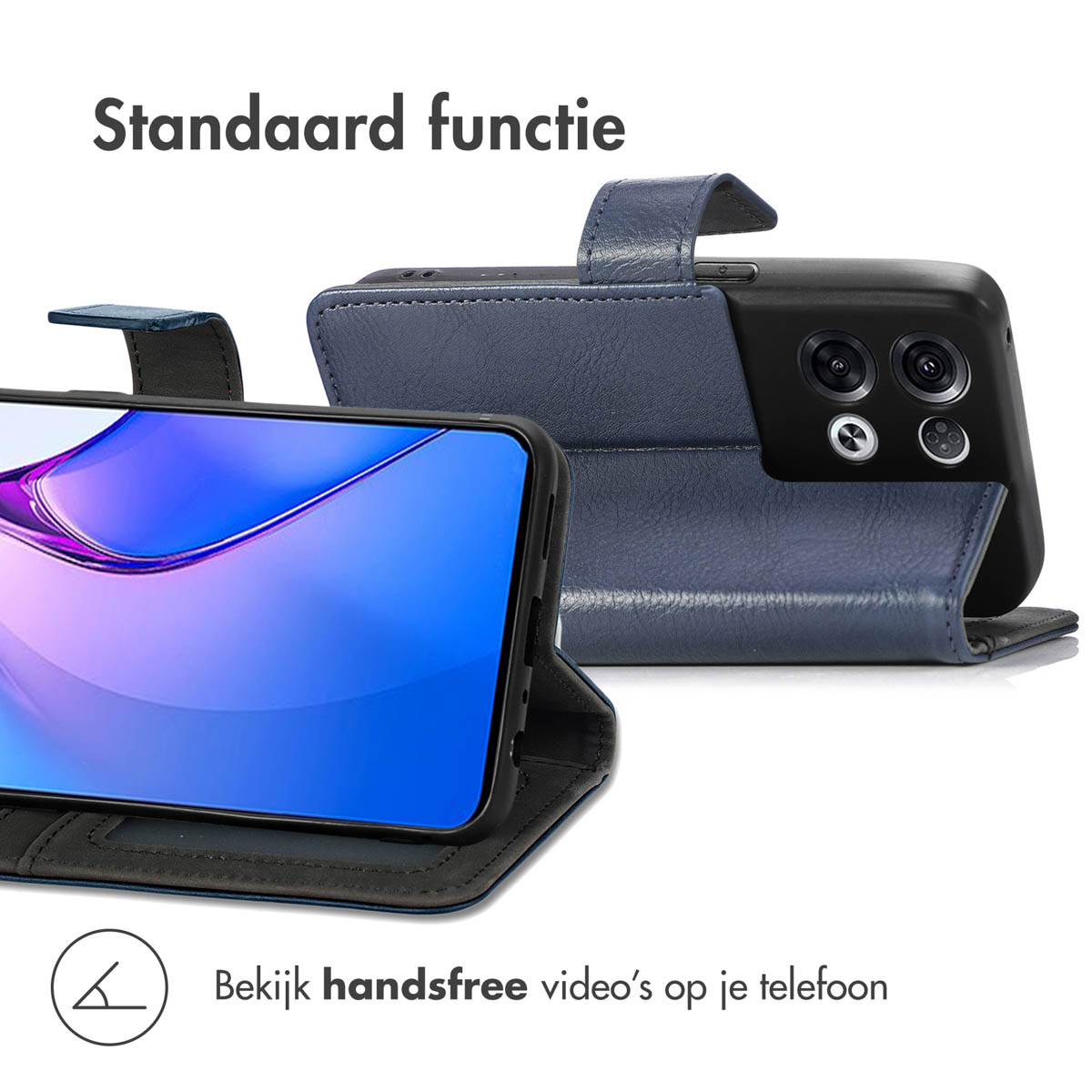 Una custodia blu scuro per telefono con supporto integrato e ritaglio fotocamera.