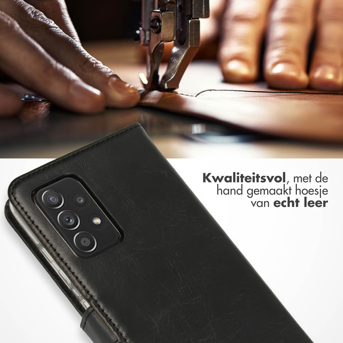 Schwarze Leder-Handyhülle mit Telefon. Die Hülle wird von einer Maschine genäht.