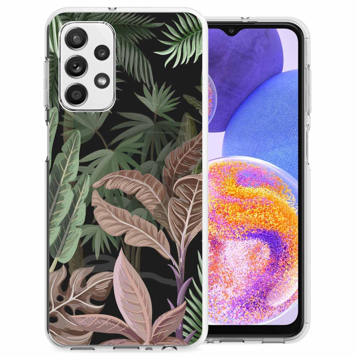 Coque de téléphone avec un fond noir, affichant un motif de plantes tropicales, avec un téléphone à l'intérieur.