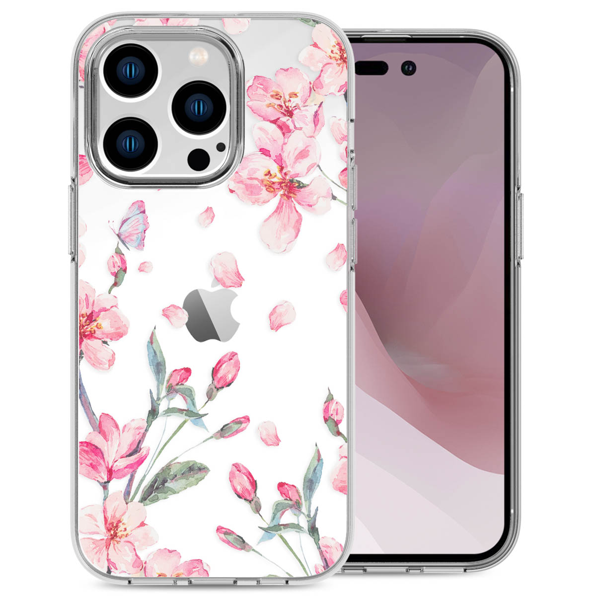 Un telefono con una custodia floreale. La custodia è trasparente con fiori rosa e una farfalla.