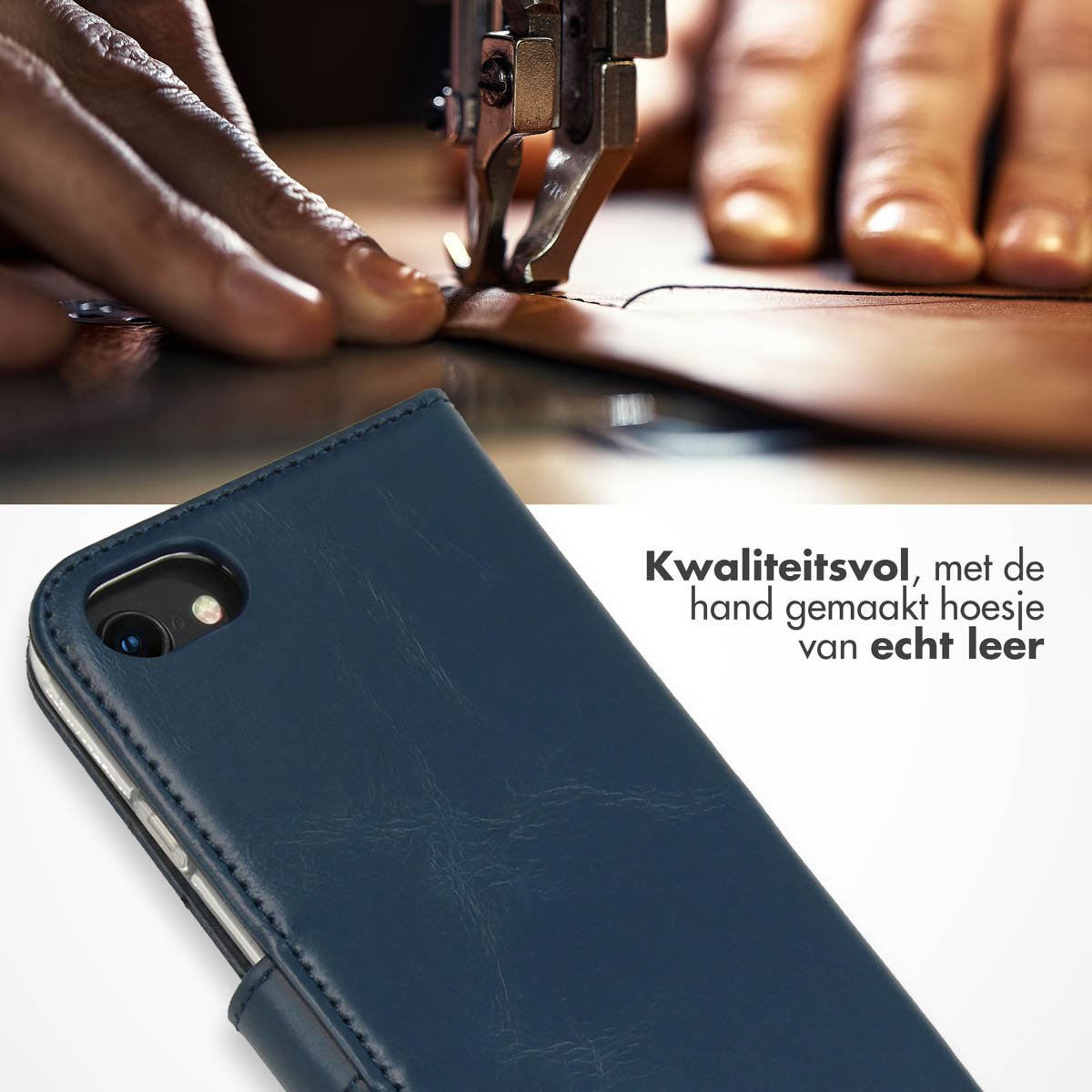 Telefoonhoesje, blauw leer, stiksels, met handen die leer naaien.