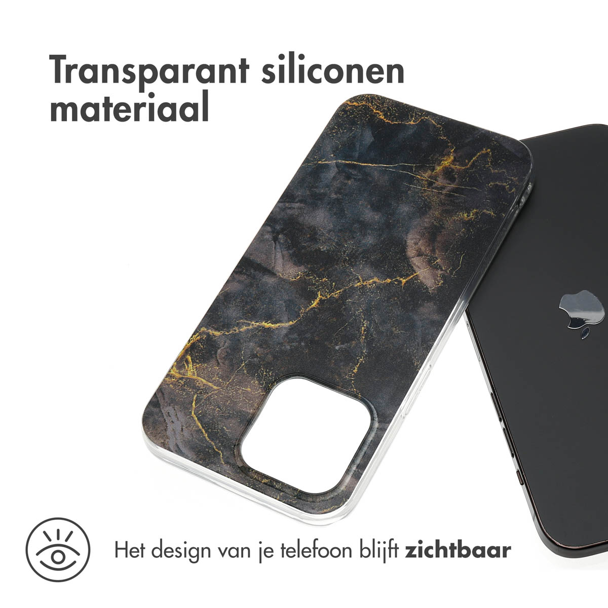 Transparente Handyhülle mit Marmormuster. Schwarzes Telefon innen gezeigt.