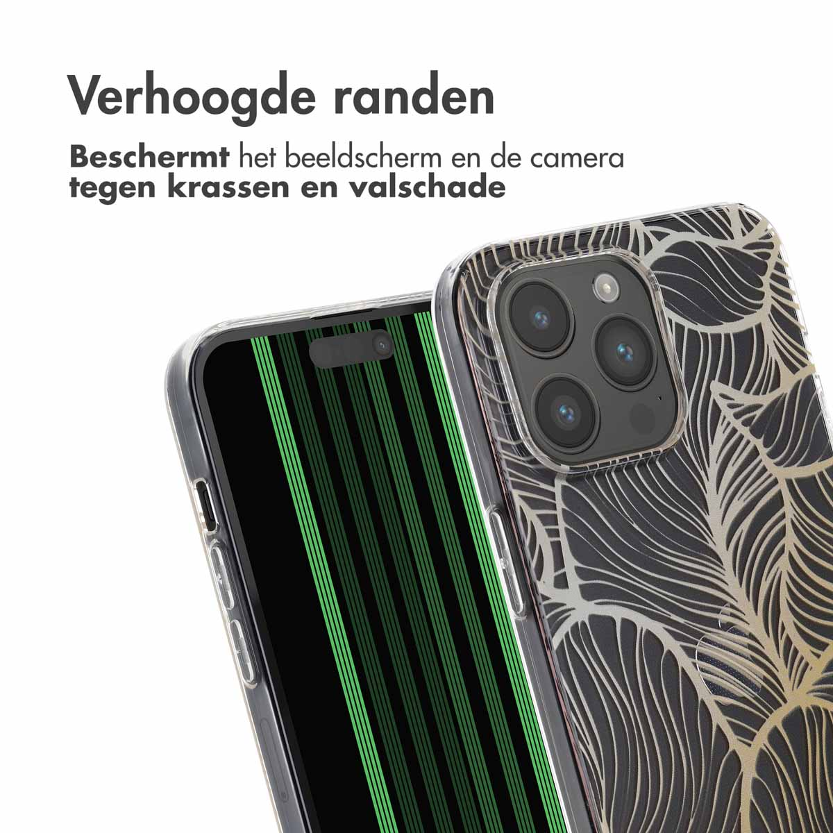 Handyhülle mit erhöhten Rändern, schützt Bildschirm und Kamera. Schwarz-Gold Design.