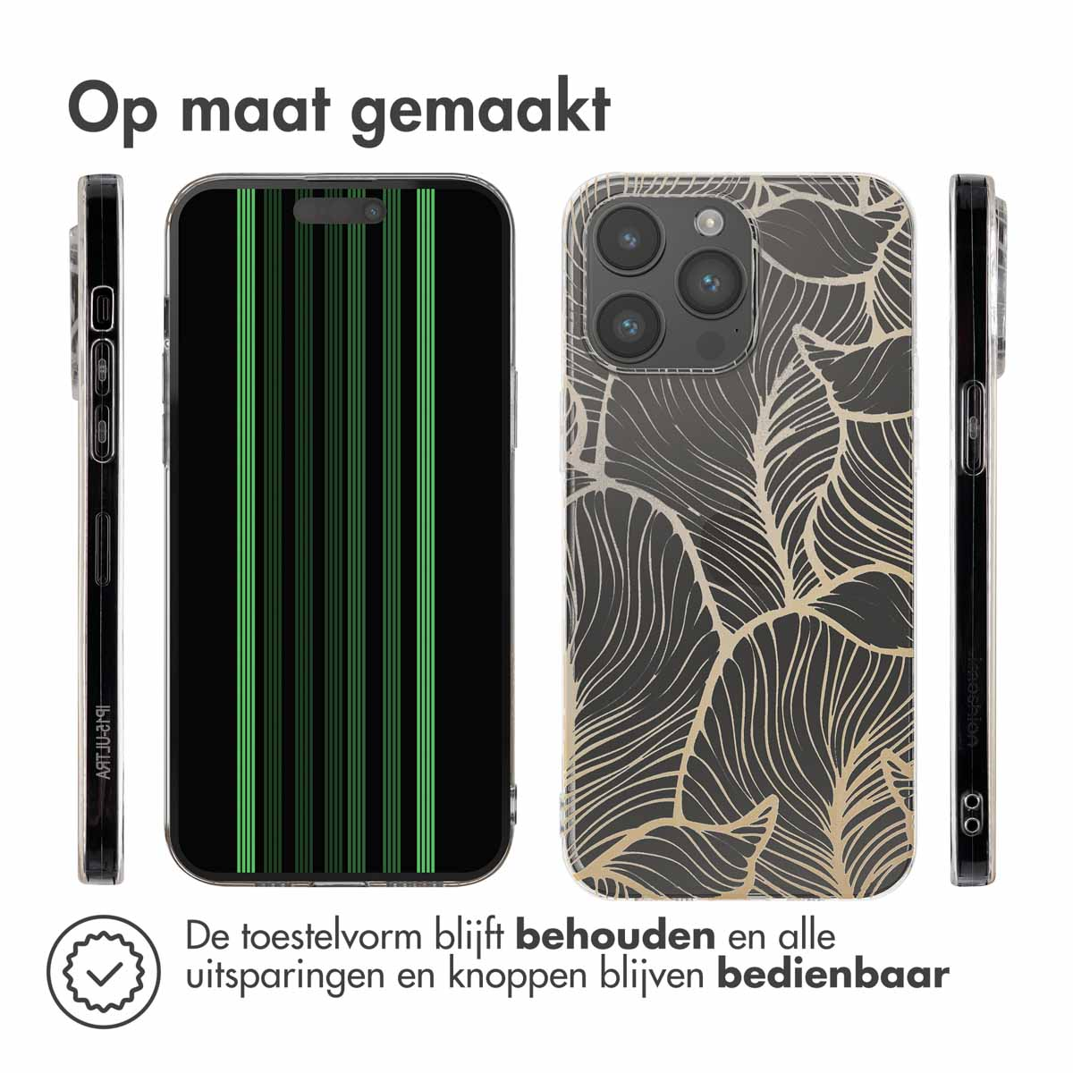 Handyhüllen, die ein Telefon zeigen. Die Hülle ist schwarz mit grünen Streifen. Die andere hat goldene Blätter.