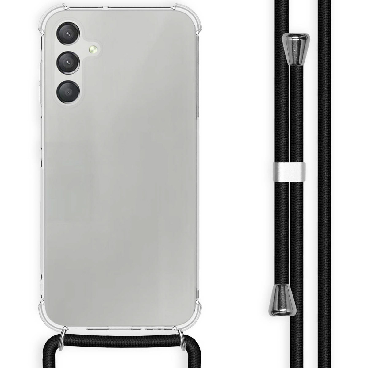 Coque de téléphone transparente avec cordon noir.