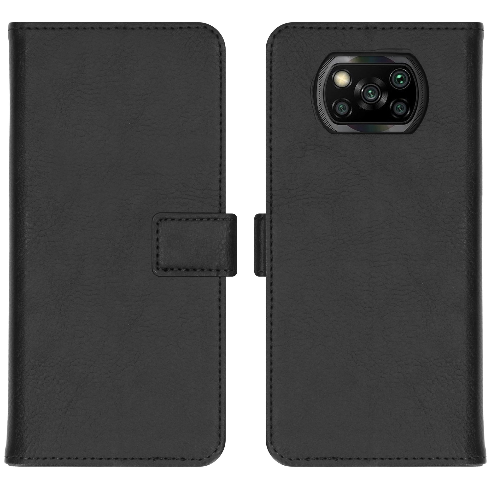 Étui de téléphone à rabat en cuir noir avec module caméra sur le côté droit.