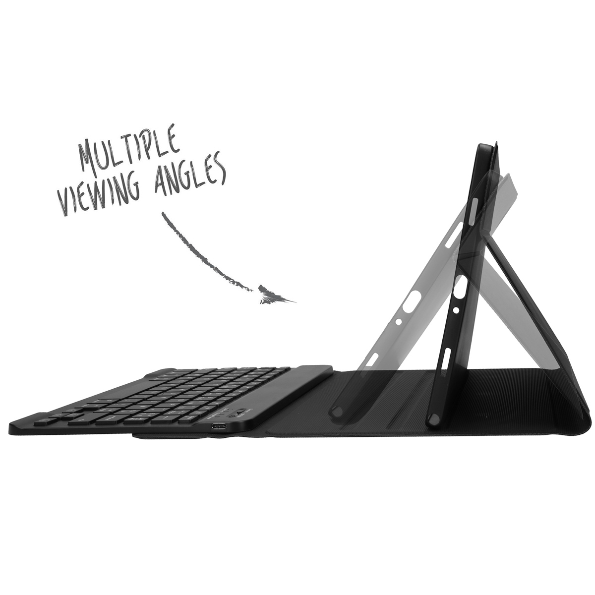 A tablet with keyboard case is positioned at different angles. The case is black.