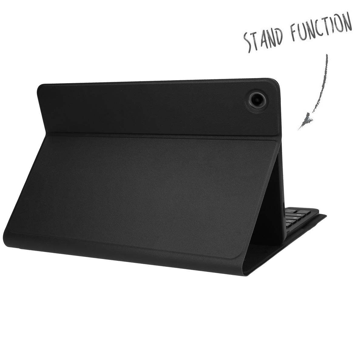 Black tablet case, folded open. Text says, 'Stand function'.