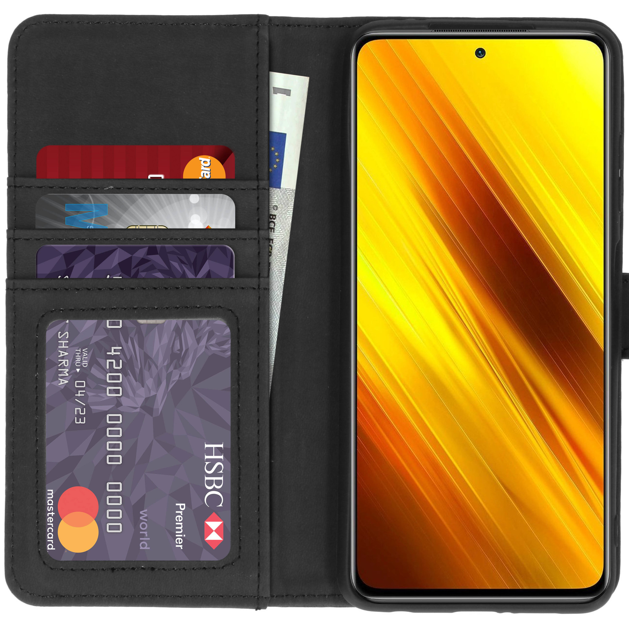 Portefeuille noir avec téléphone, cartes et billet. Écran jaune-orange.