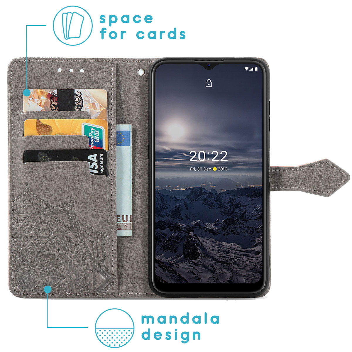 Un étui de téléphone avec un téléphone et des cartes. L'étui est gris avec un motif mandala et un espace pour les cartes.