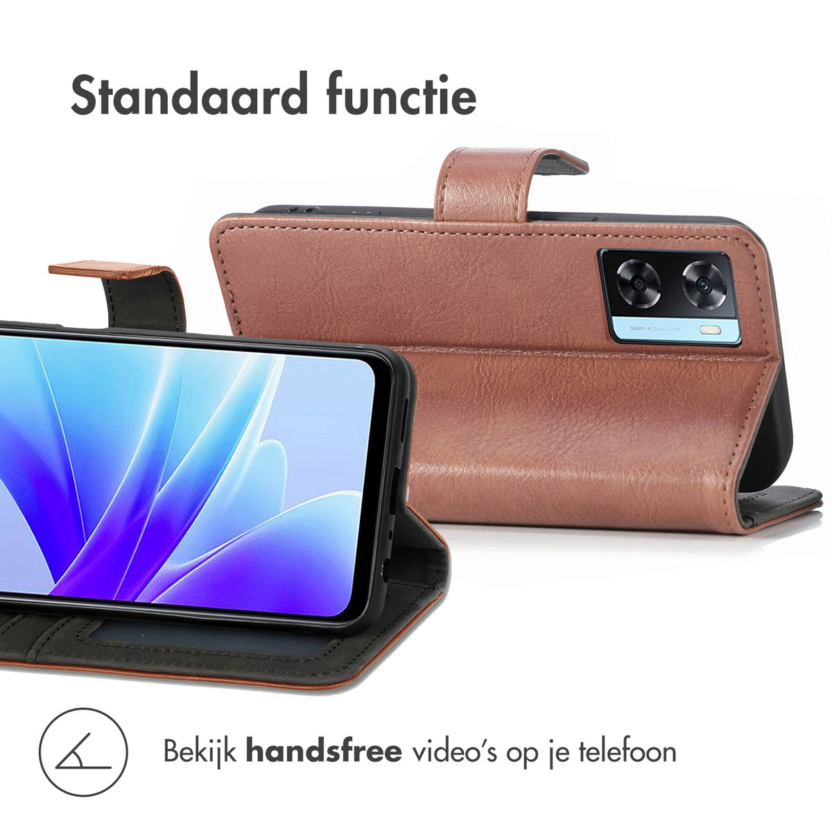 Étui à rabat de téléphone en cuir marron, ouvert montrant écran et dos.